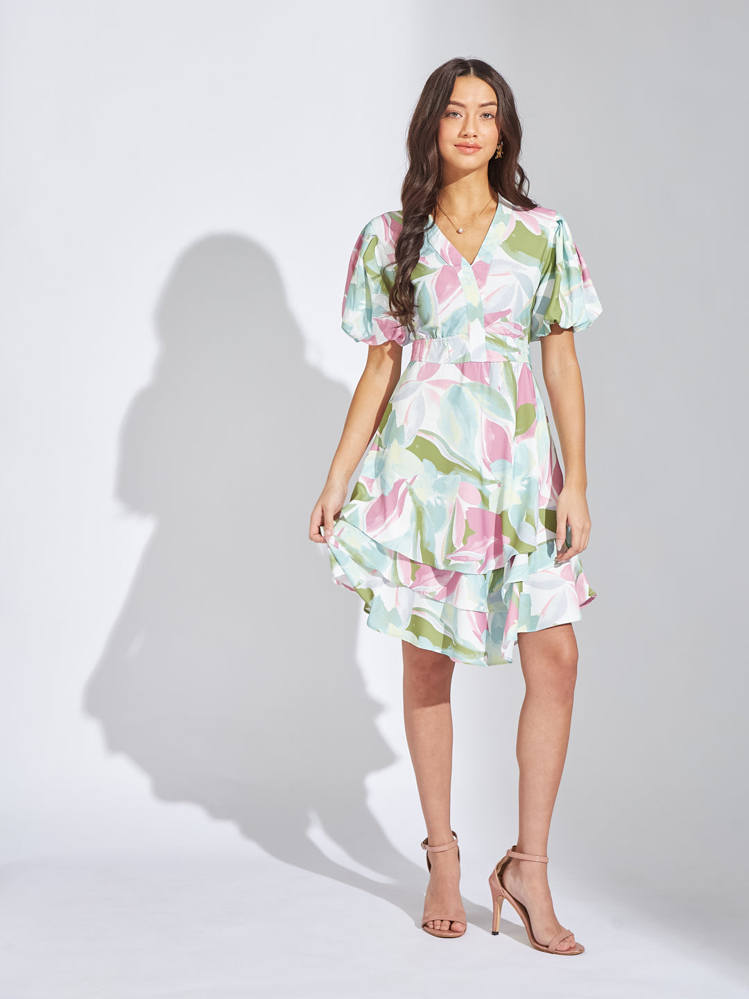 Latin Quarters Women Pink V-Neck Half Sleeve Printed A-Line Dress For Casual Wear