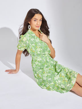 Latin Quarters Women Green Collar Neck Half Sleeves Printed A-Line Dress For Casual