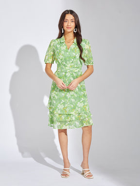 Latin Quarters Women Green Collar Neck Half Sleeves Printed A-Line Dress For Casual