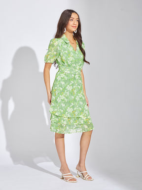 Latin Quarters Women Green Collar Neck Half Sleeves Printed A-Line Dress For Casual
