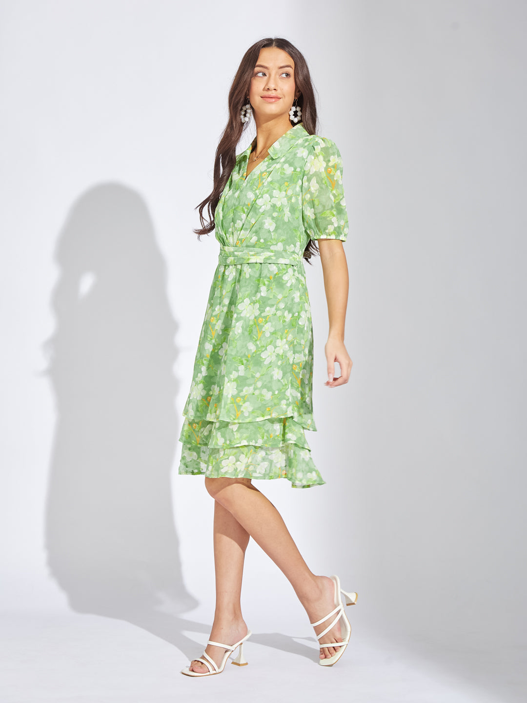 Latin Quarters Women Green Collar Neck Half Sleeves Printed A-Line Dress For Casual