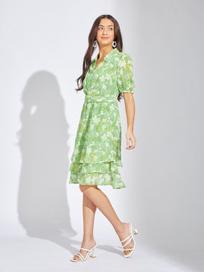 Latin Quarters Women Green Collar Neck Half Sleeves Printed A-Line Dress For Casual