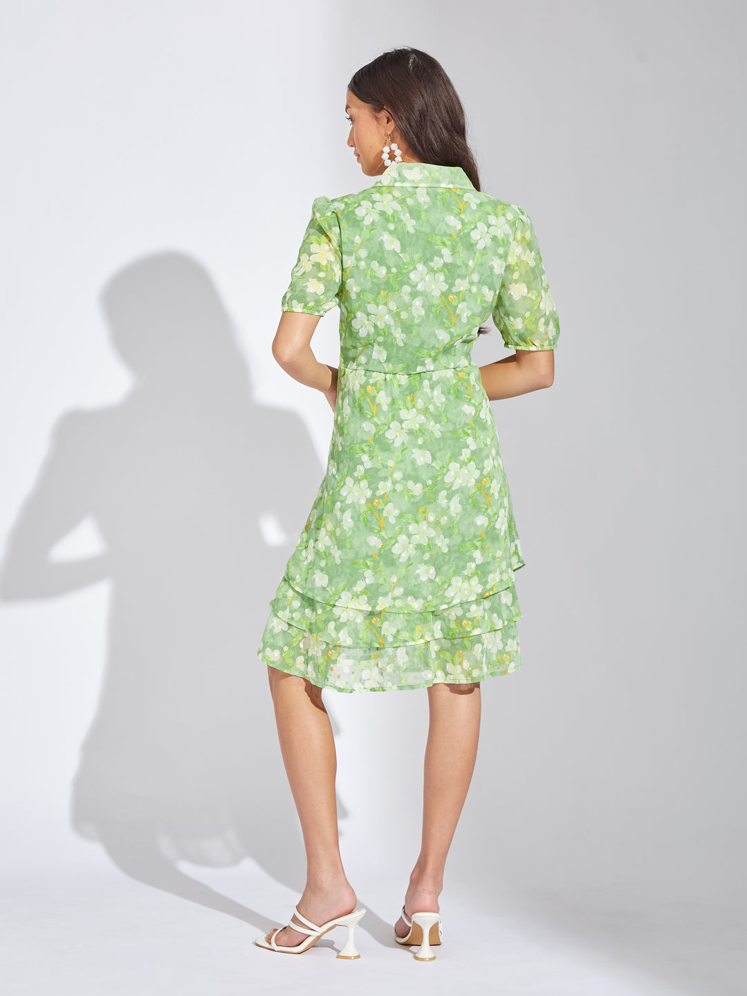 Latin Quarters Women Green Collar Neck Half Sleeves Printed A-Line Dress For Casual