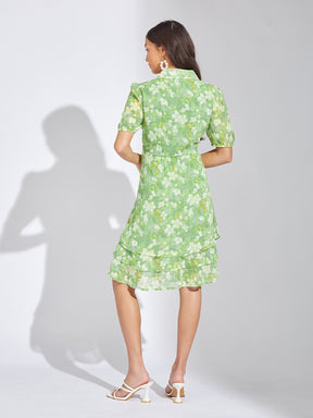Latin Quarters Women Green Collar Neck Half Sleeves Printed A-Line Dress For Casual