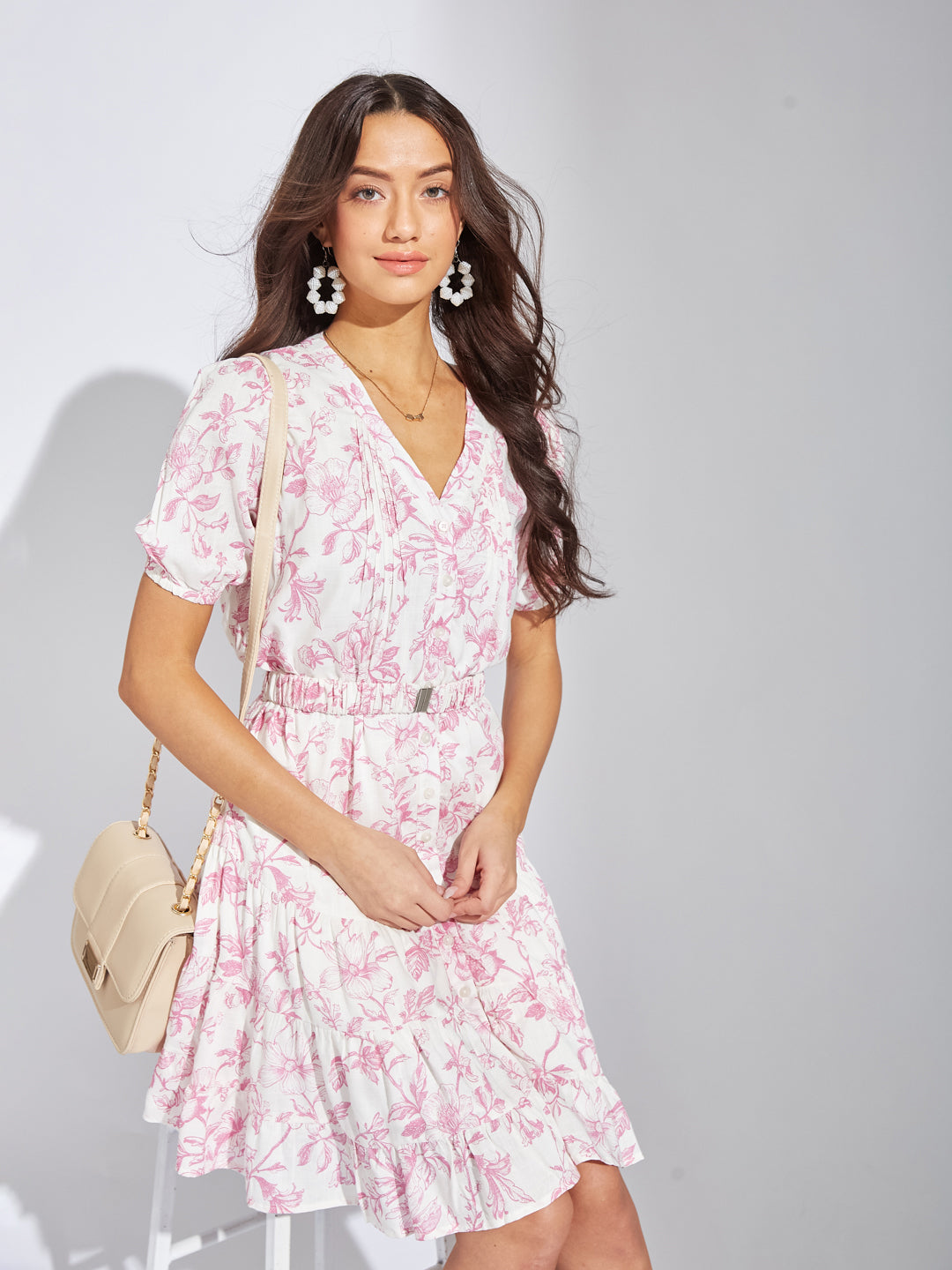 Latin Quarters Women Pink V-Neck Half Sleeves Printed A-Line Casual Dress