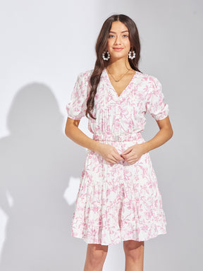Latin Quarters Women Pink V-Neck Half Sleeves Printed A-Line Casual Dress