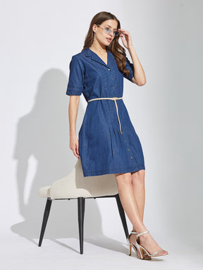 Latin Quarters Women's Blue Collar Neck Half Sleeves Casual Solid Dress