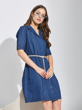 Latin Quarters Women's Blue Collar Neck Half Sleeves Casual Solid Dress