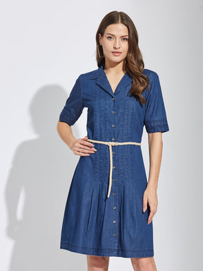 Latin Quarters Women's Blue Collar Neck Half Sleeves Casual Solid Dress