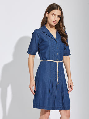 Latin Quarters Women's Blue Collar Neck Half Sleeves Casual Solid Dress