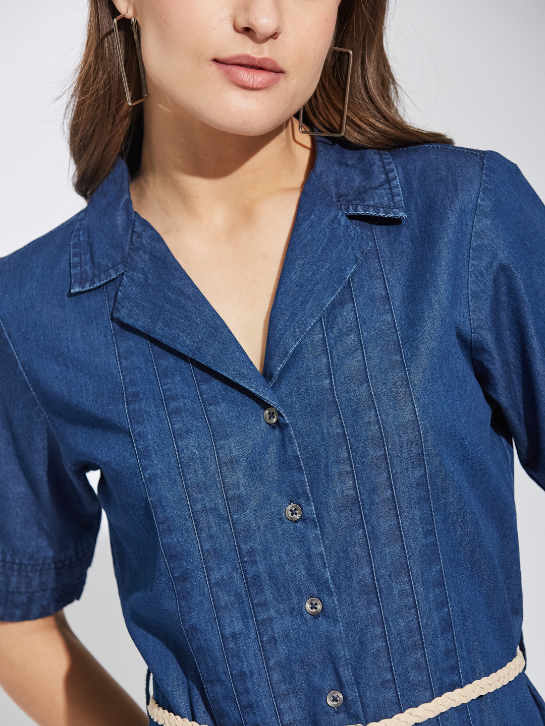 Latin Quarters Women's Blue Collar Neck Half Sleeves Casual Solid Dress