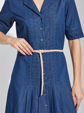 Latin Quarters Women's Blue Collar Neck Half Sleeves Casual Solid Dress