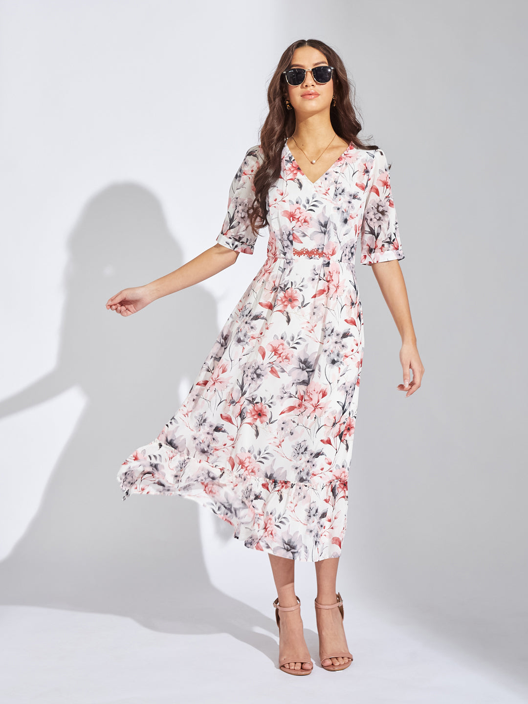 Latin Quarters Women Maroon V-Neck Half Sleeves Printed A-Line Dress For Casual