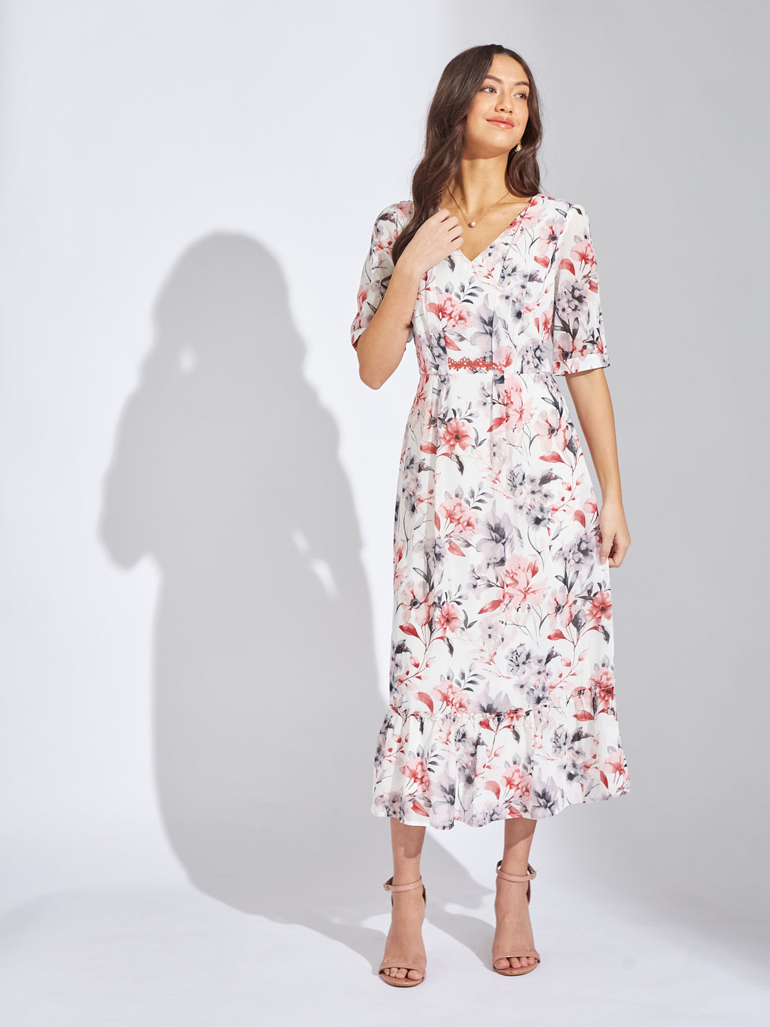 Latin Quarters Women Maroon V-Neck Half Sleeves Printed A-Line Dress For Casual