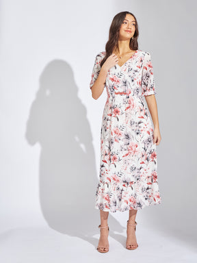 Latin Quarters Women Maroon V-Neck Half Sleeves Printed A-Line Dress For Casual