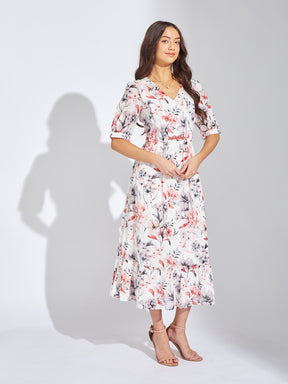 Latin Quarters Women Maroon V-Neck Half Sleeves Printed A-Line Dress For Casual