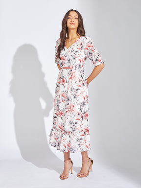 Latin Quarters Women Maroon V-Neck Half Sleeves Printed A-Line Dress For Casual