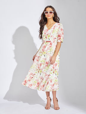 Latin Quarters Women Green V-Neck Half Sleeve Printed A-Line Dress For Casual