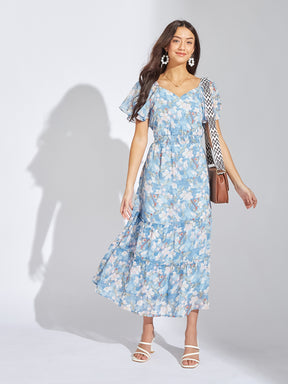 Latin Quarters Women Blue Sweetheart Neck Half Sleeves Printed A-Line Dress For Casual