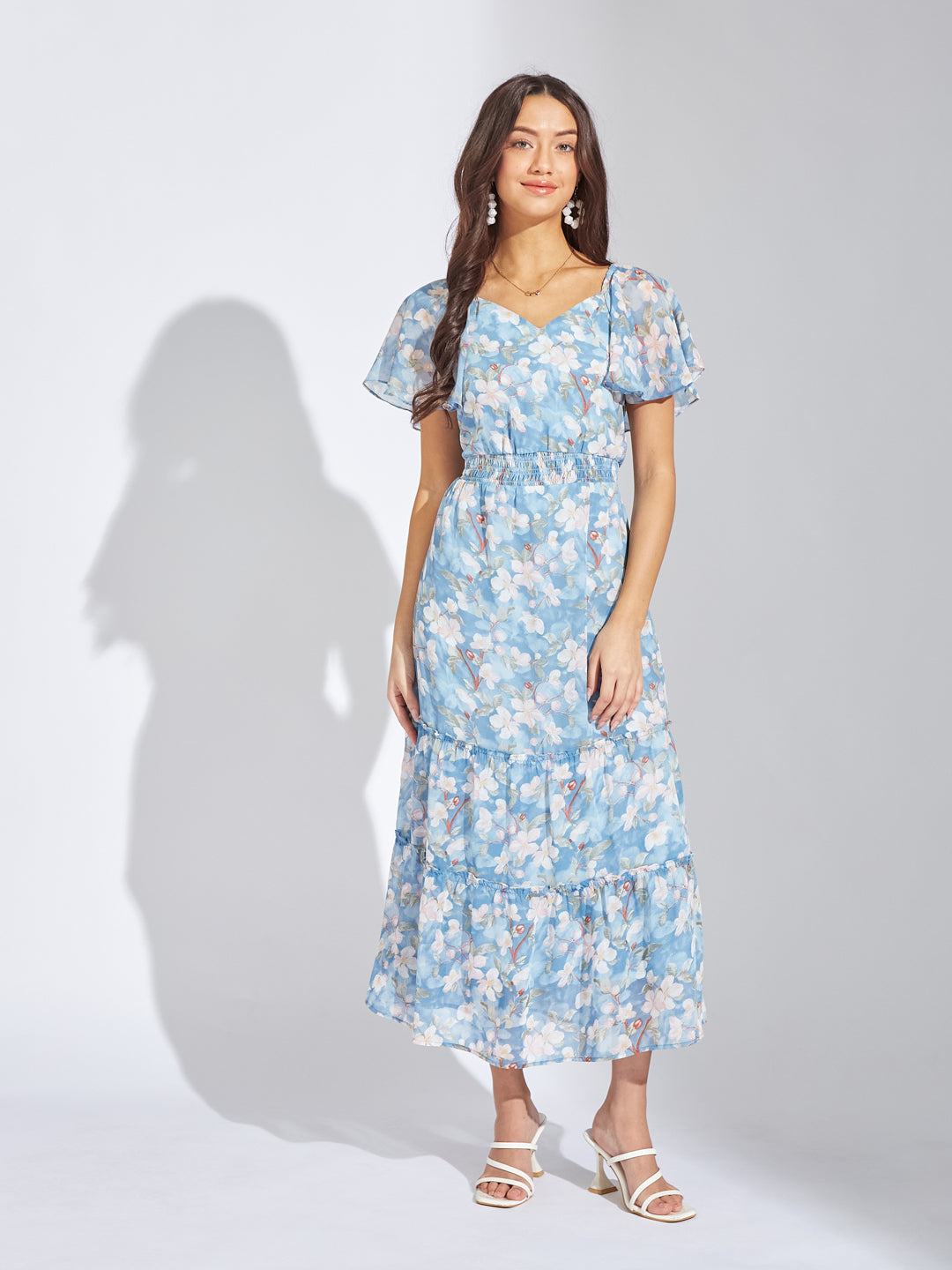 Latin Quarters Women Blue Sweetheart Neck Half Sleeves Printed A-Line Dress For Casual