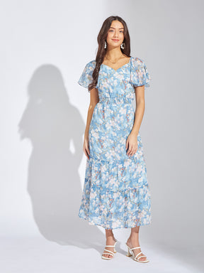 Latin Quarters Women Blue Sweetheart Neck Half Sleeves Printed A-Line Dress For Casual