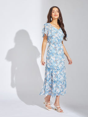 Latin Quarters Women Blue Sweetheart Neck Half Sleeves Printed A-Line Dress For Casual