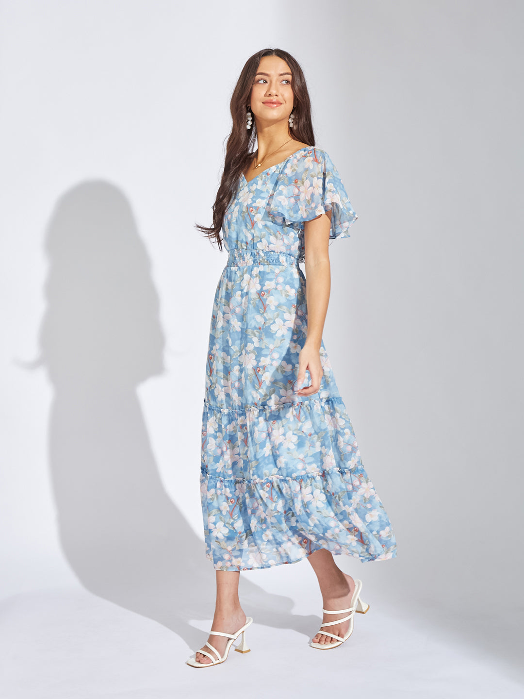 Latin Quarters Women Blue Sweetheart Neck Half Sleeves Printed A-Line Dress For Casual