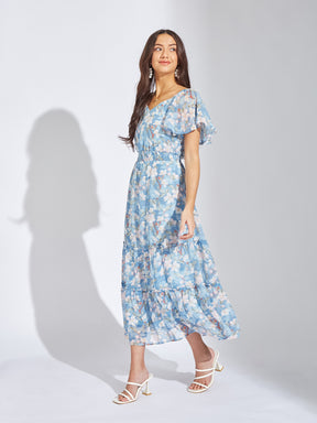 Latin Quarters Women Blue Sweetheart Neck Half Sleeves Printed A-Line Dress For Casual