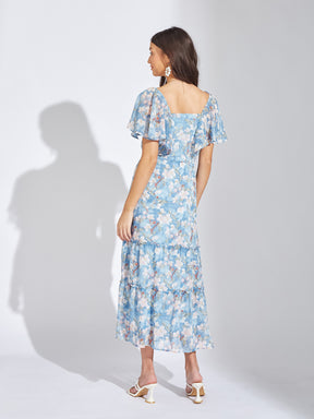 Latin Quarters Women Blue Sweetheart Neck Half Sleeves Printed A-Line Dress For Casual