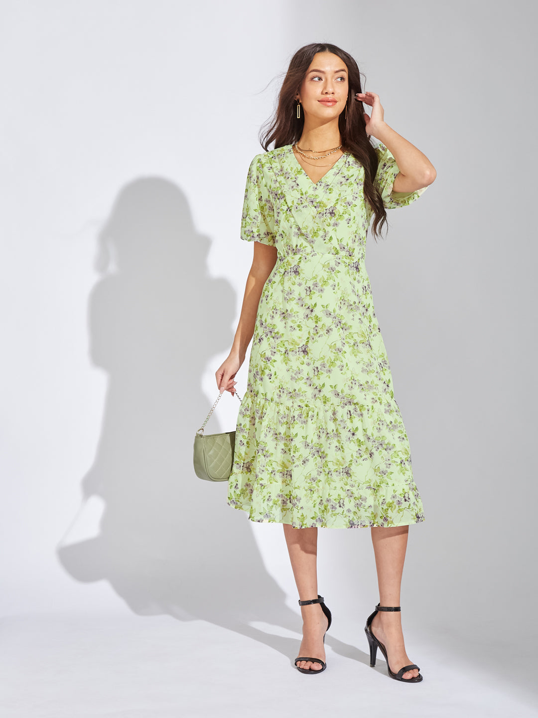Latin Quarters Women Green V-Neck Half Sleeves Printed A-Line Casual Dress