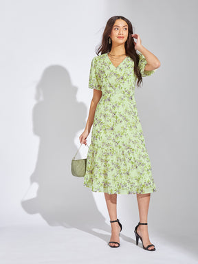Latin Quarters Women Green V-Neck Half Sleeves Printed A-Line Casual Dress