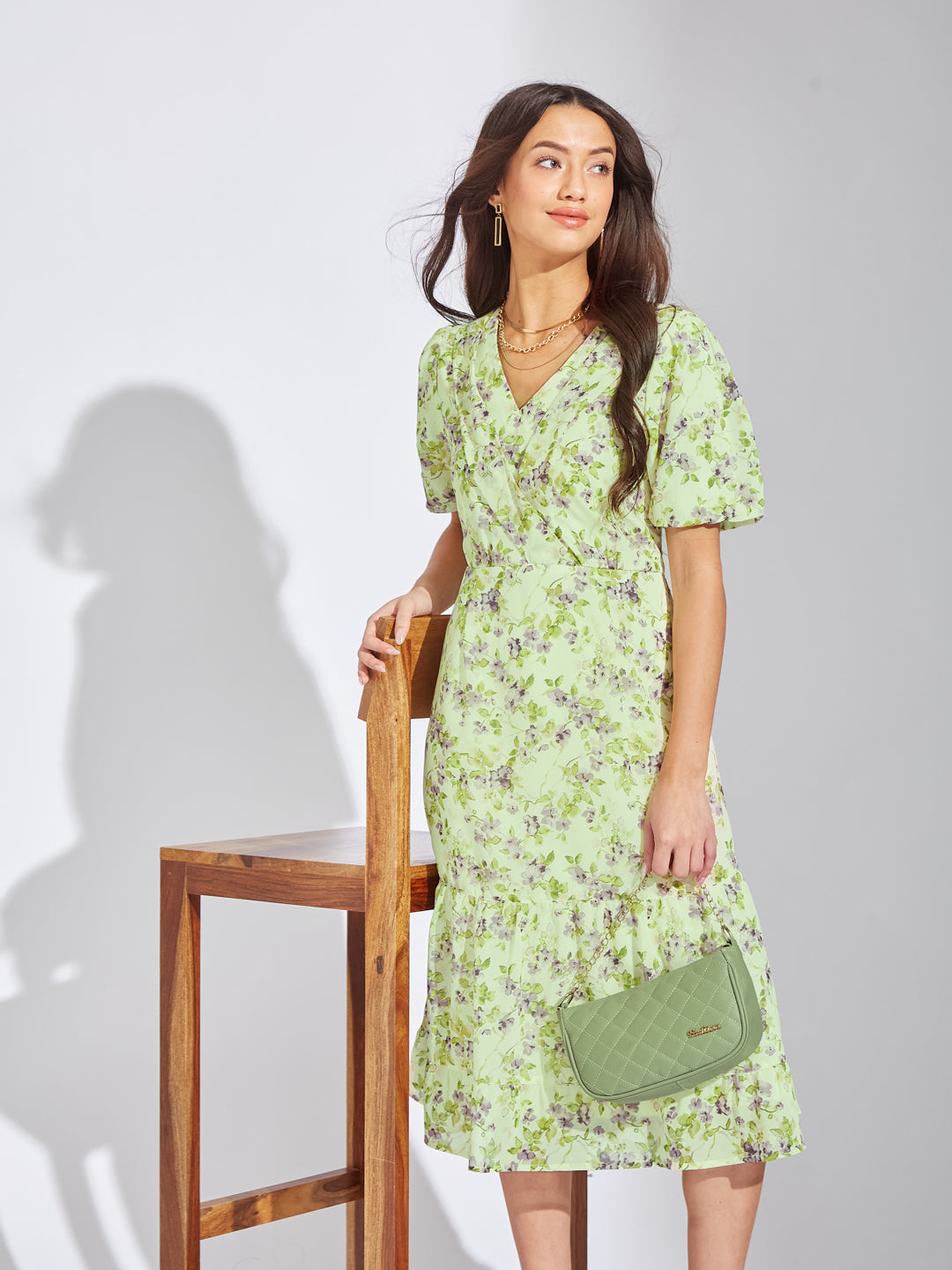 Latin Quarters Women Green V-Neck Half Sleeves Printed A-Line Casual Dress