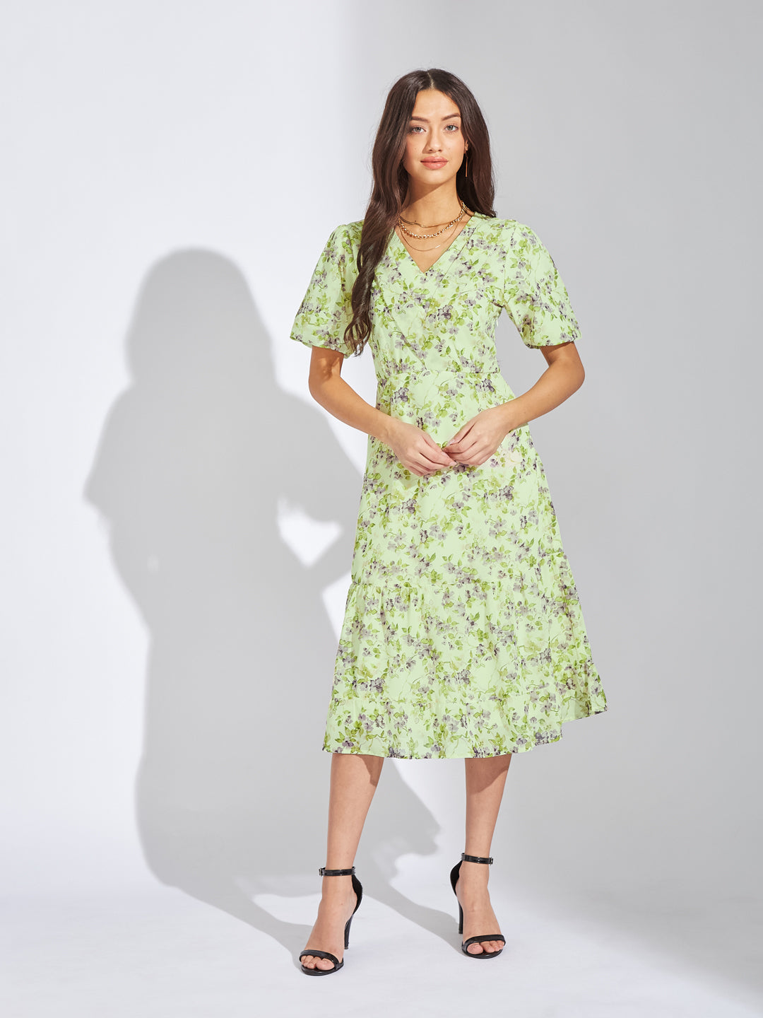 Latin Quarters Women Green V-Neck Half Sleeves Printed A-Line Casual Dress