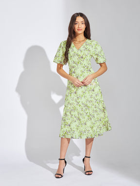 Latin Quarters Women Green V-Neck Half Sleeves Printed A-Line Casual Dress