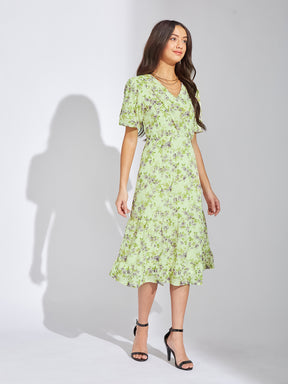 Latin Quarters Women Green V-Neck Half Sleeves Printed A-Line Casual Dress