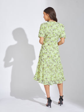 Latin Quarters Women Green V-Neck Half Sleeves Printed A-Line Casual Dress