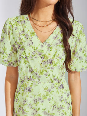 Latin Quarters Women Green V-Neck Half Sleeves Printed A-Line Casual Dress