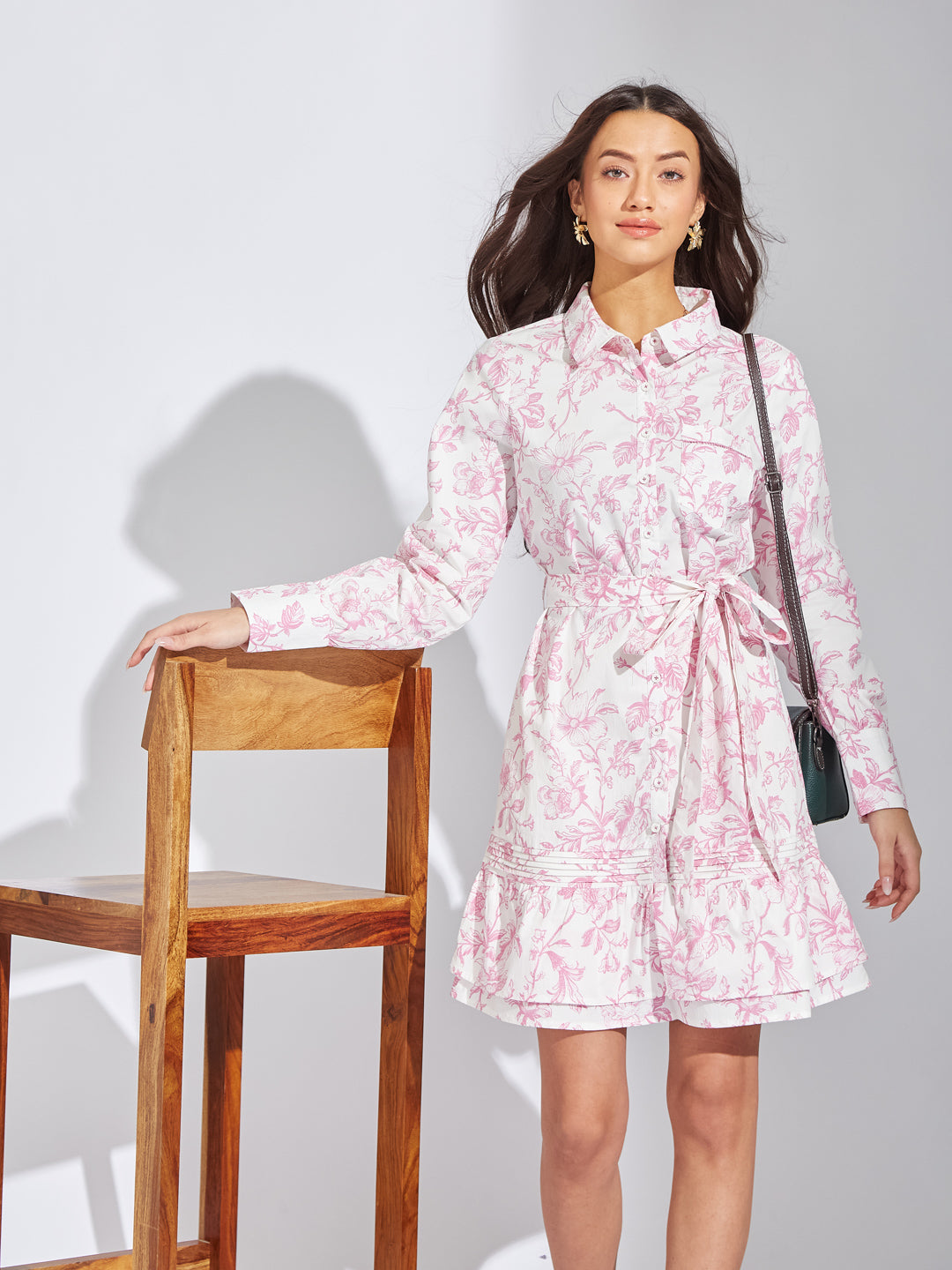 Latin Quarters Women Pink Collar Neck Full Sleeves Printed Shirt Dress For Casual