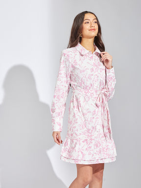 Latin Quarters Women Pink Collar Neck Full Sleeves Printed Shirt Dress For Casual