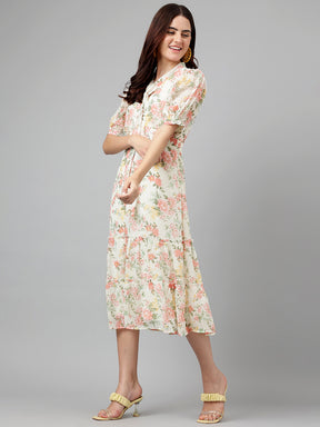 Latin Quarters Women Fit & Flare Pink Half Sleeve V-Neck Printed Casual Dress