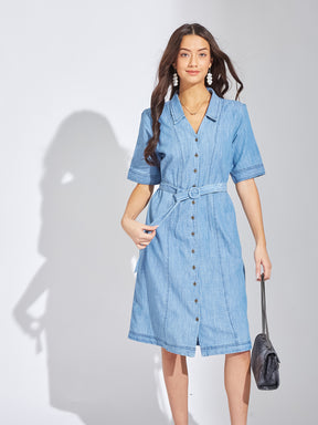 Latin Quarters Women Blue Collar Neck Half Sleeves Solid Shirt Dress For Casual