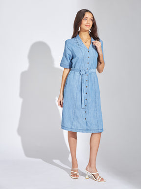 Latin Quarters Women Blue Collar Neck Half Sleeves Solid Shirt Dress For Casual