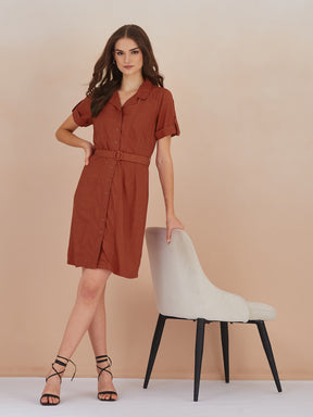 Latin Quarters Women's Rust Half Sleeves Collar Neck Casual Solid Dress