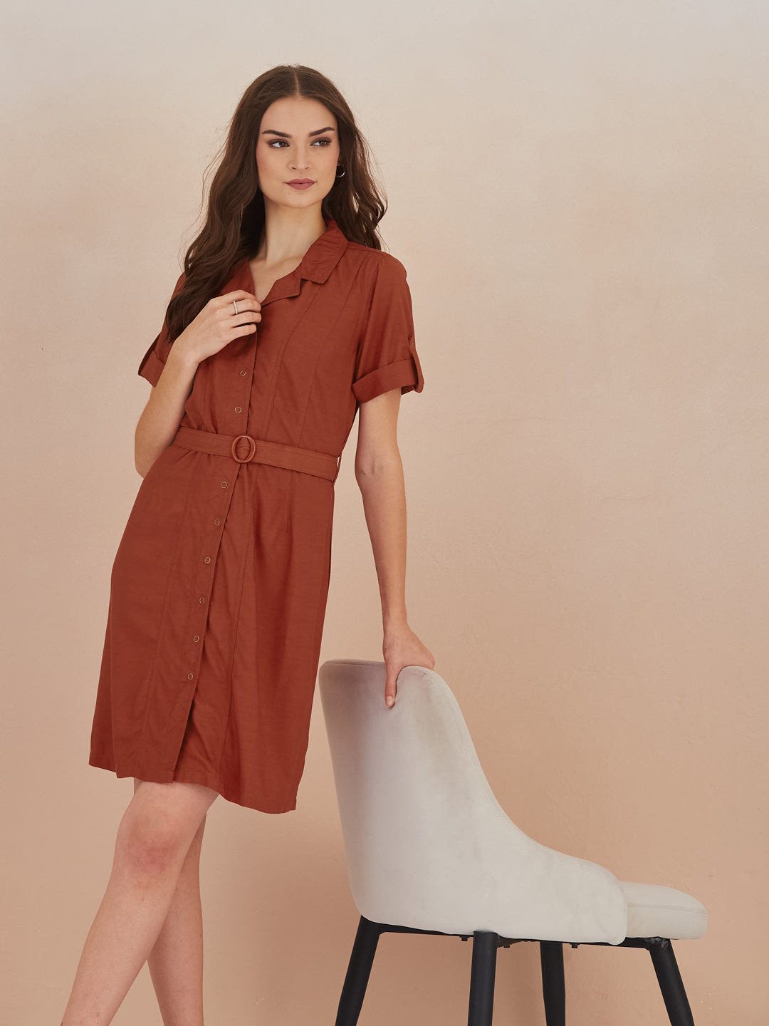 Latin Quarters Women Rust Collared Short Sleeve A-Line Mini Shirt Dress For Casual Wear