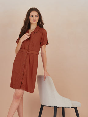Latin Quarters Women Rust Collared Short Sleeve A-Line Mini Shirt Dress For Casual Wear