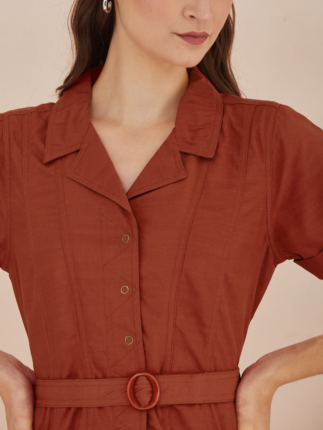 Latin Quarters Women's Rust Half Sleeves Collar Neck Casual Solid Dress