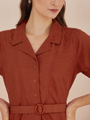 Latin Quarters Women's Rust Half Sleeves Collar Neck Casual Solid Dress