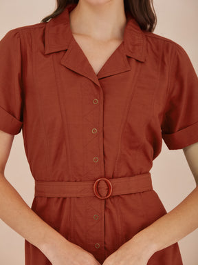 Latin Quarters Women Rust Collared Short Sleeve A-Line Mini Shirt Dress For Casual Wear