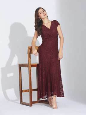 Latin Quarters Women's Maroon Cap Sleeves Self Design V-Neck Party Dress
