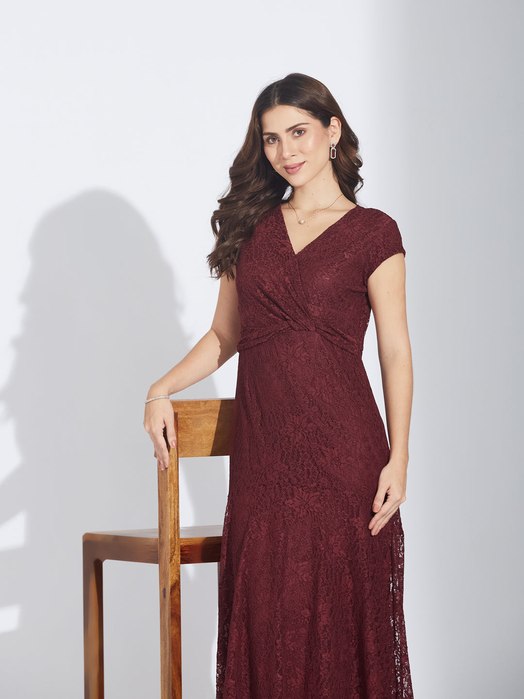 Latin Quarters Women's Maroon Cap Sleeves Self Design V-Neck Party Dress